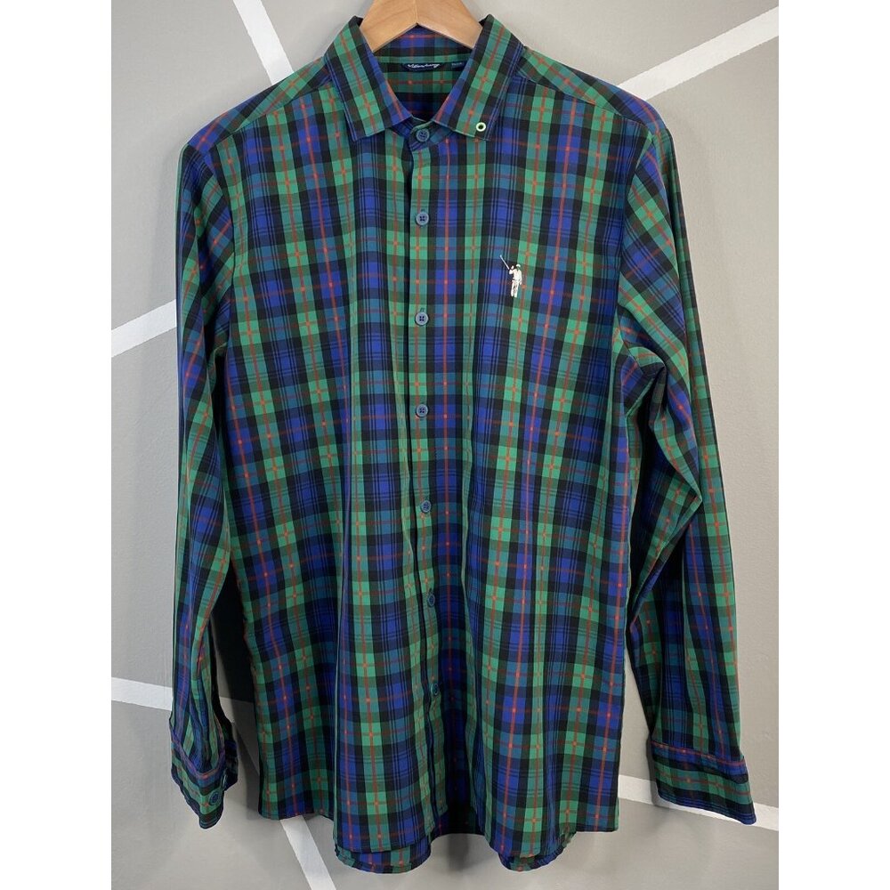 William Murray Shirt Mens Medium Green Tartan Plaid Outdoor Golf Button Stretch